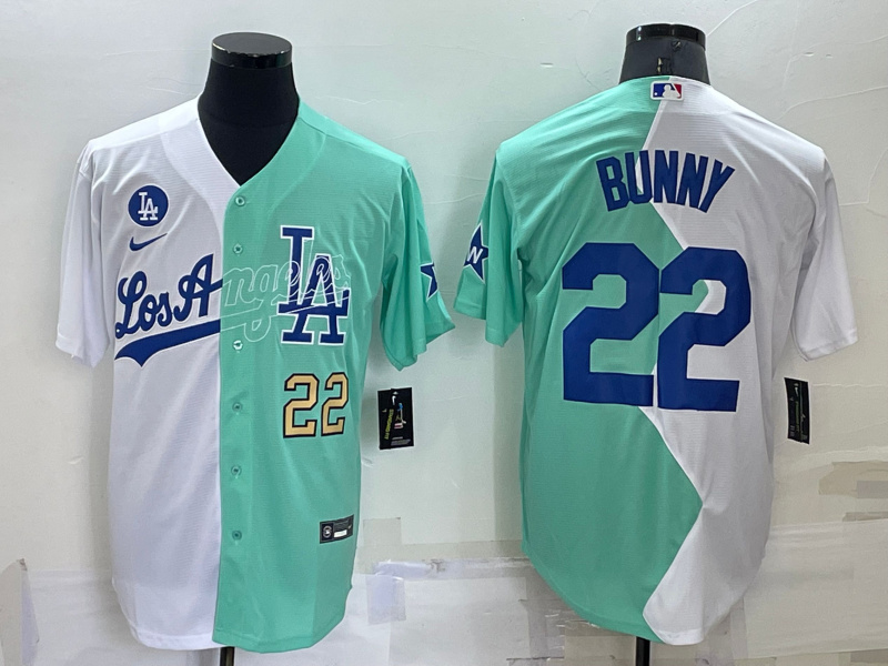 Men's Los Angeles Dodgers #22 Bad Bunny 2022 All Star White Green Cool Base Stitched Baseball Jersey