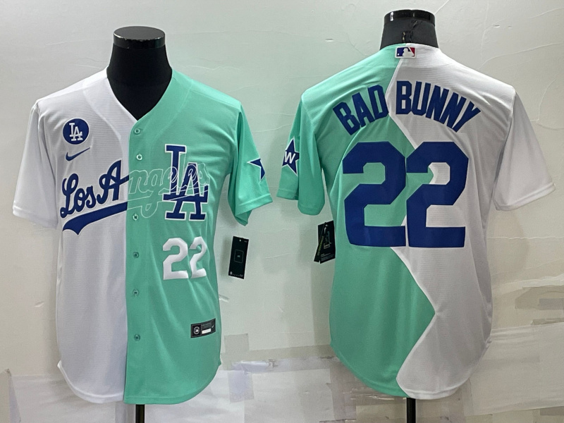 Men's Los Angeles Dodgers #22 Bad Bunny 2022 All-Star White Green Cool Base Stitched Baseball Jerseys