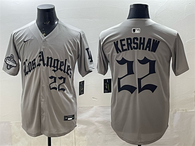 Men's Los Angeles Dodgers #22 Clayton Kershaw Grey LA Gothic Style With 2025 World Series Champions Patch Limited Stitched Baseball Jersey Men's Los Angeles Dodgers #22 Clayton Kershaw Grey LA Gothic Style With 2025 World Series Champions Patch Limited Stitched Baseball Jersey