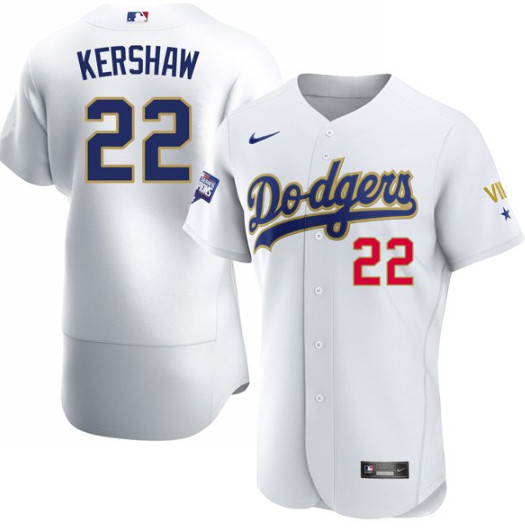 Men's Los Angeles Dodgers #22 Clayton Kershaw Nike White Gold 2021 Gold Program Flexbase Jersey
