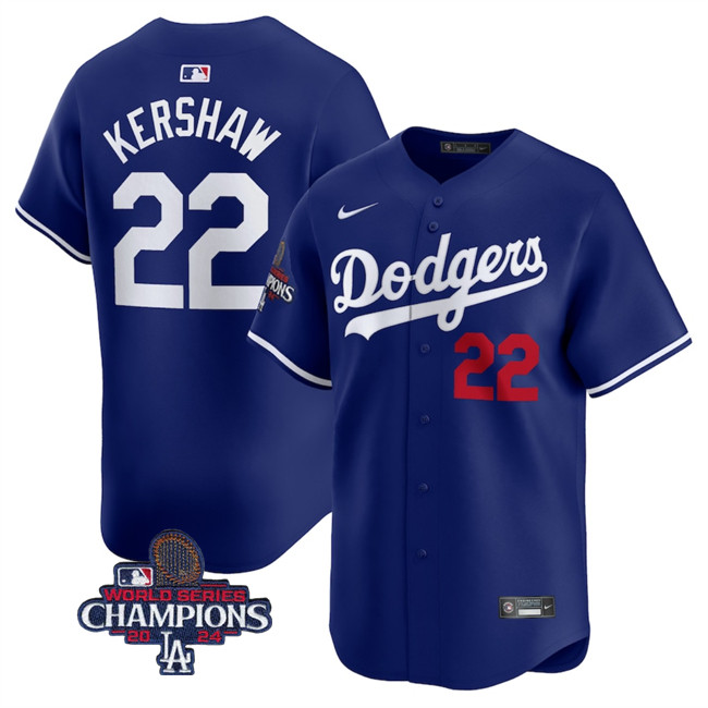 Men's Los Angeles Dodgers #22 Clayton Kershaw Royal 2024 World Series Champions Alternate Limited Stitched Baseball Jersey Men's Los Angeles Dodgers #22 Clayton Kershaw Royal 2024 World Series Champions Alternate Limited Stitched Baseball Jersey
