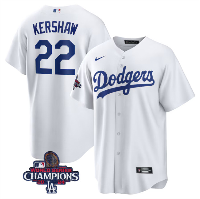 Men's Los Angeles Dodgers #22 Clayton Kershaw White 2024 World Series Champions Cool Base Stitched Baseball Jersey Men's Los Angeles Dodgers #22 Clayton Kershaw White 2024 World Series Champions Cool Base Stitched Baseball Jersey