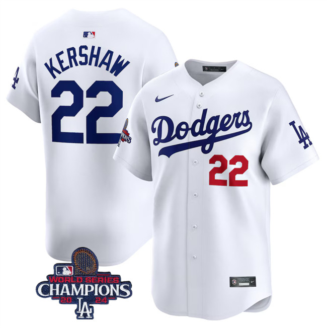 Men's Los Angeles Dodgers #22 Clayton Kershaw White 2024 World Series Champions Home Limited Stitched Baseball Jersey Men's Los Angeles Dodgers #22 Clayton Kershaw White 2024 World Series Champions Home Limited Stitched Baseball Jersey