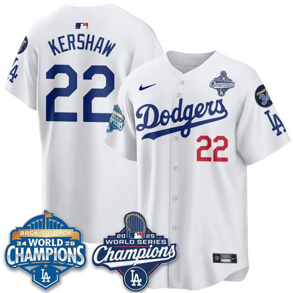Men's Los Angeles Dodgers #22 Clayton Kershaw White 2025 World Series Champions & Back to Back Champions With No.34 Patch Limited Stitched Baseball Jersey Men's Los Angeles Dodgers #22 Clayton Kershaw White 2025 World Series Champions & Back to Back Champions With No.34 Patch Limited Stitched Baseball Jersey