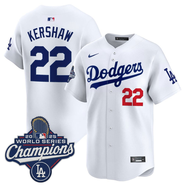 Men's Los Angeles Dodgers #22 Clayton Kershaw White 2025 World Series Champions Patch Home Limited Stitched Baseball Jersey Men's Los Angeles Dodgers #22 Clayton Kershaw White 2025 World Series Champions Patch Home Limited Stitched Baseball Jersey