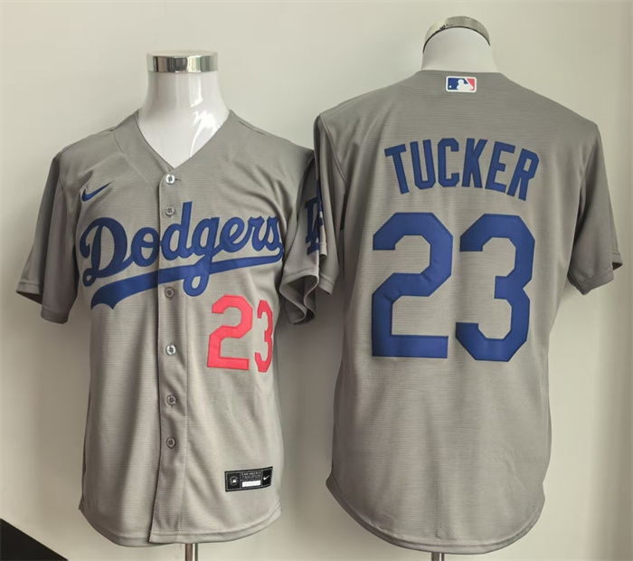 Men's Los Angeles Dodgers #23 Kyle Tucker Grey Cool Base Limited Stitched Baseball Jersey Men's Los Angeles Dodgers #23 Kyle Tucker Grey Cool Base Limited Stitched Baseball Jersey