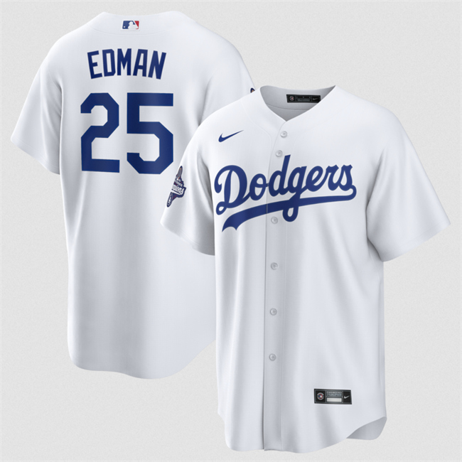 Men's Los Angeles Dodgers #25 Tommy Edman White 2025 World Series Champions Patch Cool Base Stitched Baseball Jersey Men's Los Angeles Dodgers #25 Tommy Edman White 2025 World Series Champions Patch Cool Base Stitched Baseball Jersey