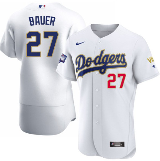 Men's Los Angeles Dodgers #27 Trevor Bauer Nike White Gold 2021 Gold Program Flexbase Jersey