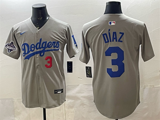 Men's Los Angeles Dodgers #3 Edwin Díaz Grey With 2025 World Series Champions Patch Limited Stitched Baseball Jersey Men's Los Angeles Dodgers #3 Edwin Díaz Grey With 2025 World Series Champions Patch Limited Stitched Baseball Jersey