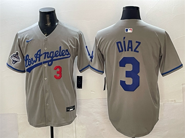 Men's Los Angeles Dodgers #3 Edwin Díaz Grey With 2025 World Series Champions Patch Limited Stitched Baseball JerseyS Men's Los Angeles Dodgers #3 Edwin Díaz Grey With 2025 World Series Champions Patch Limited Stitched Baseball JerseyS