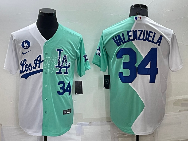 Men's Los Angeles Dodgers #34 Fernando Valenzuela 2022 All-Star White  Green Cool Base Stitched Baseball Jersey
