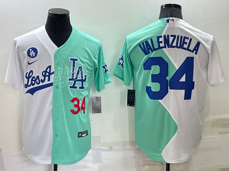 Men's Los Angeles Dodgers #34 Fernando Valenzuela 2022 All-Star White Green Cool Base Stitched Baseball Jersey