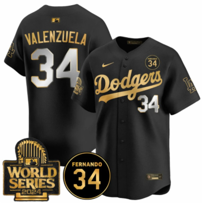 Men's Los Angeles Dodgers #34 Fernando Valenzuela Black Gold 2024 World Series With Fernando Patch Vapor Limited Stitched Baseball Jersey