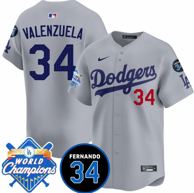 Men's Los Angeles Dodgers #34 Fernando Valenzuela Grey 2024 World Champions & Fernando Memorial Patch Vapor Premier Limited Stitched Baseball Jersey