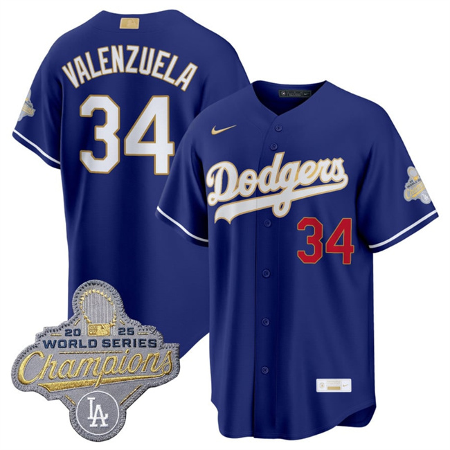 Men's Los Angeles Dodgers #34 Fernando Valenzuela Royal 2026 Alternate Gold Collection Stadium Stitched Baseball Jersey Men's Los Angeles Dodgers #34 Fernando Valenzuela Royal 2026 Alternate Gold Collection Stadium Stitched Baseball Jersey