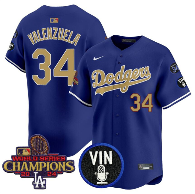 Men's Los Angeles Dodgers #34 Fernando Valenzuela Royal Gold 2024 World Series Champions With Vin Scully & #34 Fernando Patch Vapor Limited Stitched Baseball Jersey