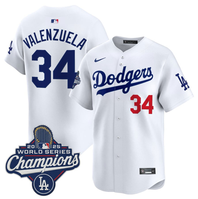 Men's Los Angeles Dodgers #34 Fernando Valenzuela White 2025 World Series Champions Patch Home Limited Stitched Baseball Jersey Men's Los Angeles Dodgers #34 Fernando Valenzuela White 2025 World Series Champions Patch Home Limited Stitched Baseball Jersey