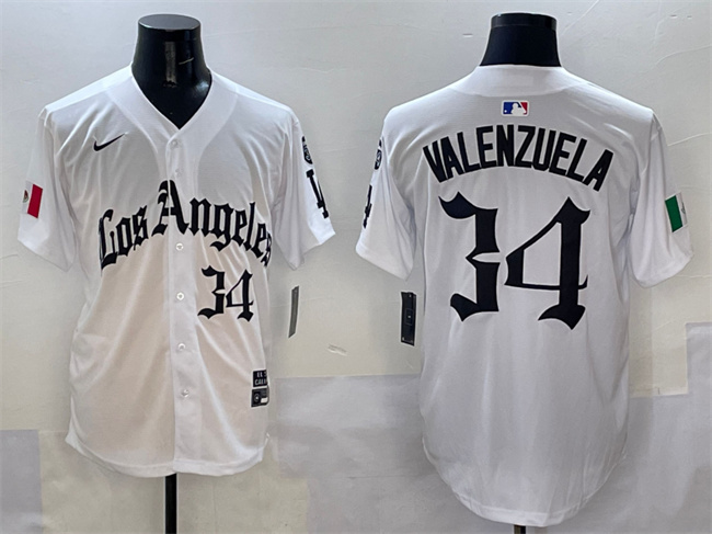 Men's Los Angeles Dodgers #34 Fernando Valenzuela White Mexico 2025 LA Gothic Style With Fernando Patch Vapor Premier Limited Stitched Baseball Jersey