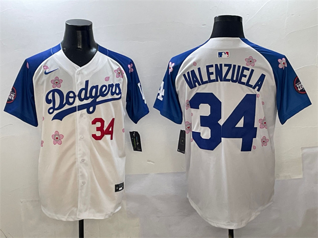 Men's Los Angeles Dodgers #34 Fernando Valenzuela White Royal 2025 Tokyo Series Limited Stitched Baseball Jersey