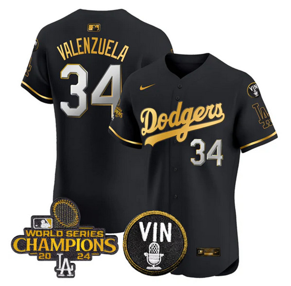 Men's Los Angeles Dodgers #34 Toro Valenzuela Black Gold 2024 World Series Champions With Vin Patch Vapor Limited Stitched Baseball Jersey