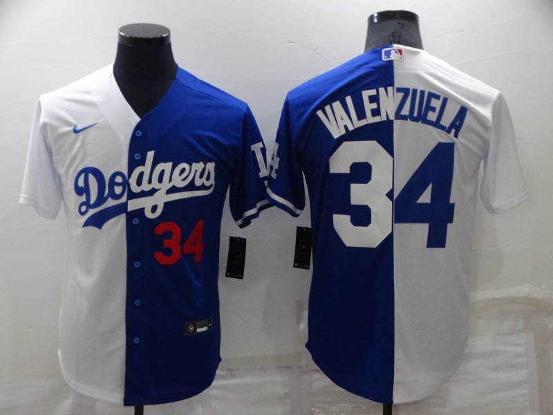 Men's Los Angeles Dodgers #34 Toro Valenzuela White Blue Split Cool Base Stitched Baseball Jersey