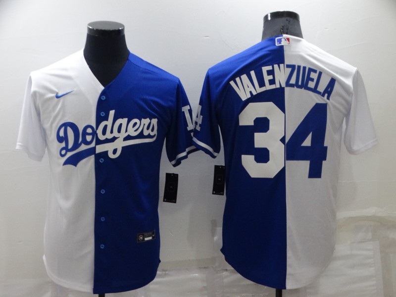 Men's Los Angeles Dodgers #34 Toro Valenzuela White Blue Split Cool Base Stitched Baseball Jerseys