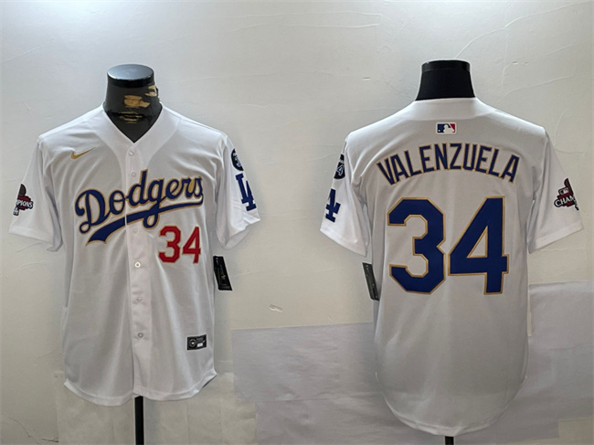 Men's Los Angeles Dodgers #34 Toro Valenzuela White Gold 2024 World Series Champions With Fernando Memorial Patch Home Limited Stitched Baseball Jersey Men's Los Angeles Dodgers #34 Toro Valenzuela White Gold 2024 World Series Champions With Fernando Memorial Patch Home Limited Stitched Baseball Jersey