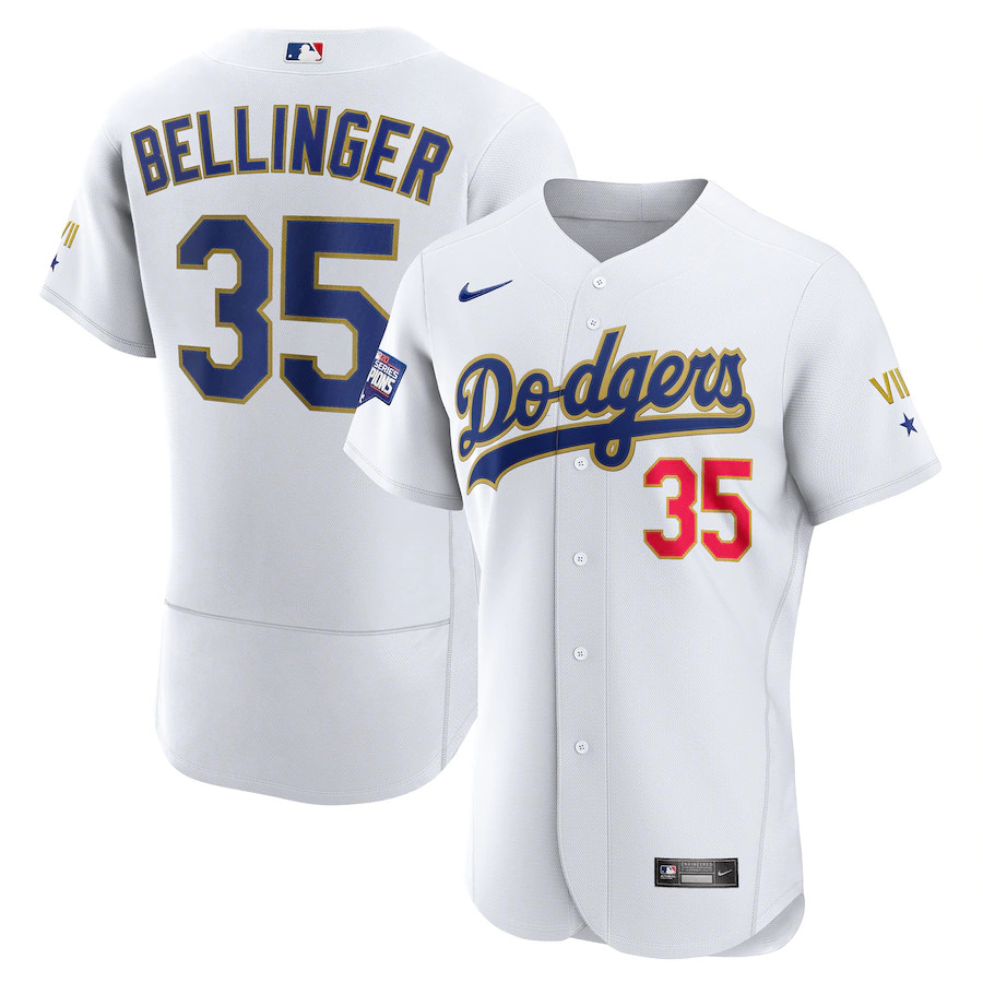 Men's Los Angeles Dodgers #35 Cody Bellinger Nike White Gold 2021 Gold Program Flexbase Jersey