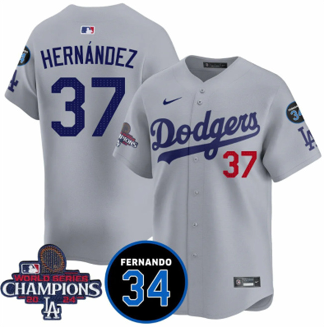 Men's Los Angeles Dodgers #37 Teoscar Hernández Gray 2024 World Series Champions With Fernando Memorial Patch Vapor Premier Limited Stitched Baseball Jersey