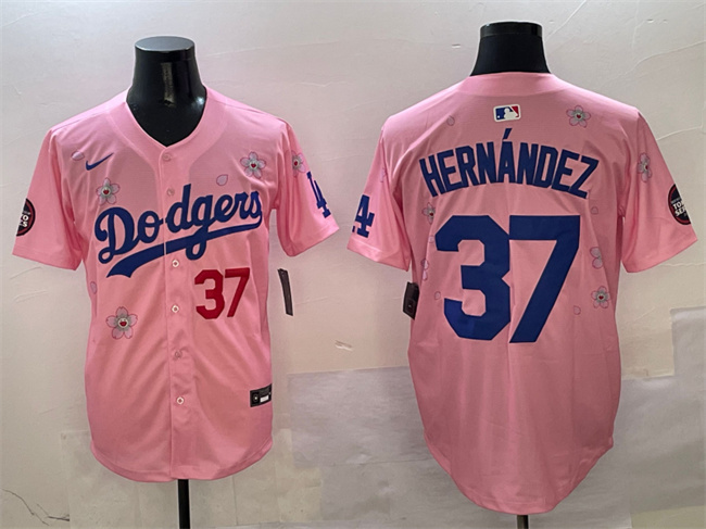 Men's Los Angeles Dodgers #37 Teoscar Hernández Pink 2025 Tokyo Series Limited Stitched Baseball Jersey