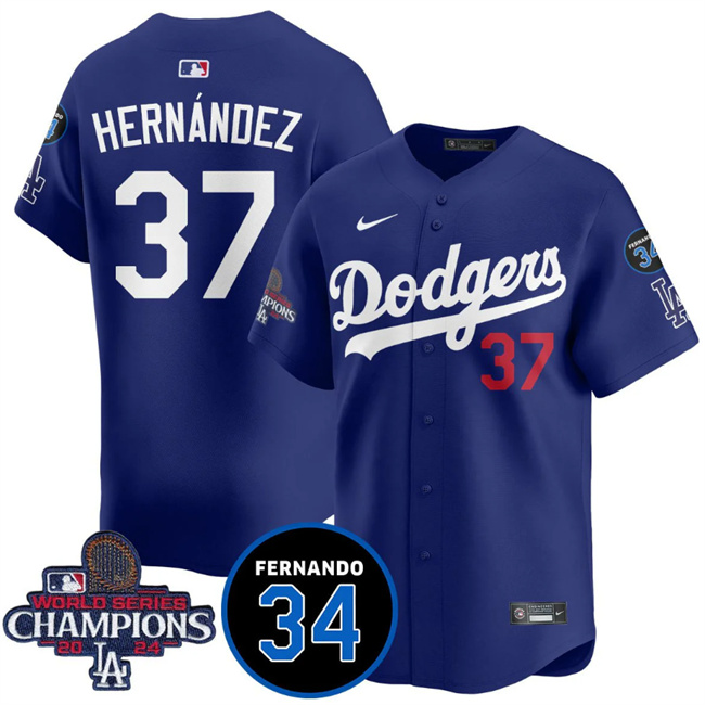 Men's Los Angeles Dodgers #37 Teoscar Hernández Royal 2024 World Series Champions With Fernando Memorial Patch Vapor Premier Limited Stitched Baseball Jersey