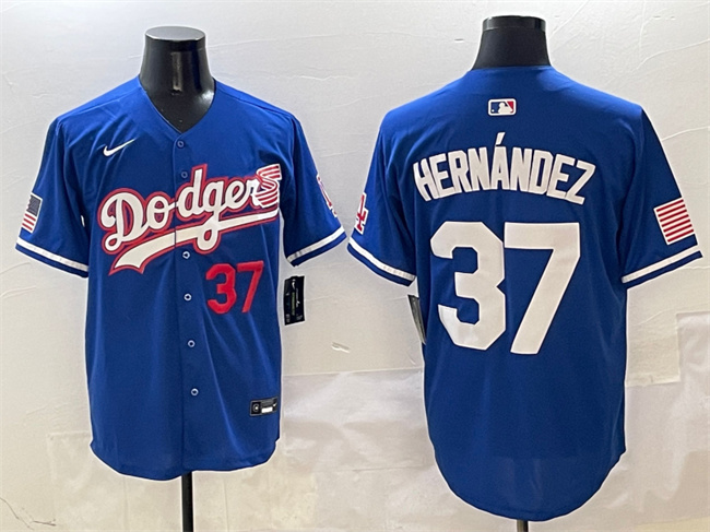 Men's Los Angeles Dodgers #37 Teoscar Hernández Royal With American Flag Patch Limited Stitched Baseball Jersey