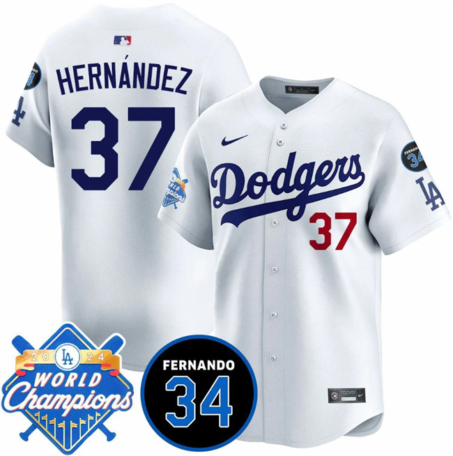 Men's Los Angeles Dodgers #37 Teoscar Hernández White 2024 World Champions & Fernando Memorial Patch Vapor Premier Home Limited Stitched Baseball Jersey