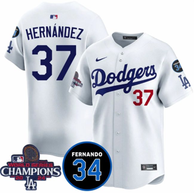 Men's Los Angeles Dodgers #37 Teoscar Hernández White 2024 World Series Champions With Fernando Memorial Patch Vapor Premier Home Limited Stitched Baseball Jersey