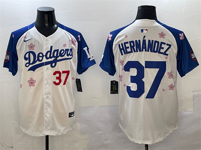 Men's Los Angeles Dodgers #37 Teoscar Hernández White Royal 2025 Tokyo Series Limited Stitched Baseball Jersey