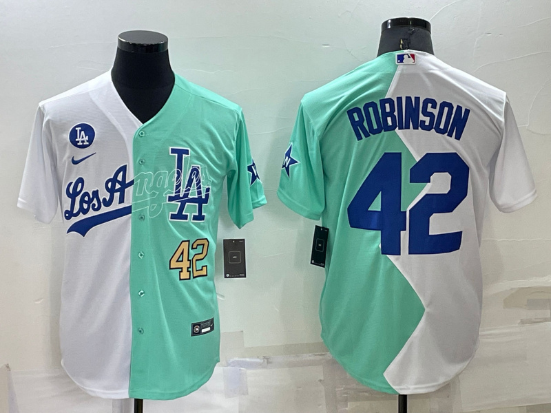 Men's Los Angeles Dodgers #42 Jackie Robinson 2022 All-Star White Green Cool Base Stitched Baseball Jersey