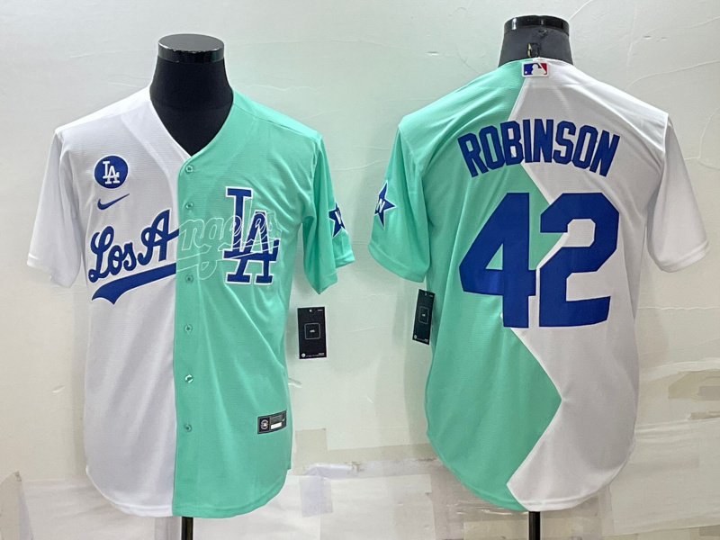 Men's Los Angeles Dodgers #42 Jackie Robinson 2022 All-Star White-Green Cool Base Stitched Baseball Jersey