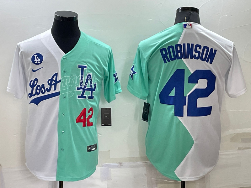 Men's Los Angeles Dodgers #42 Jackie Robinson 2022 All-Star White Green Cool Base Stitched Baseball Jerseys