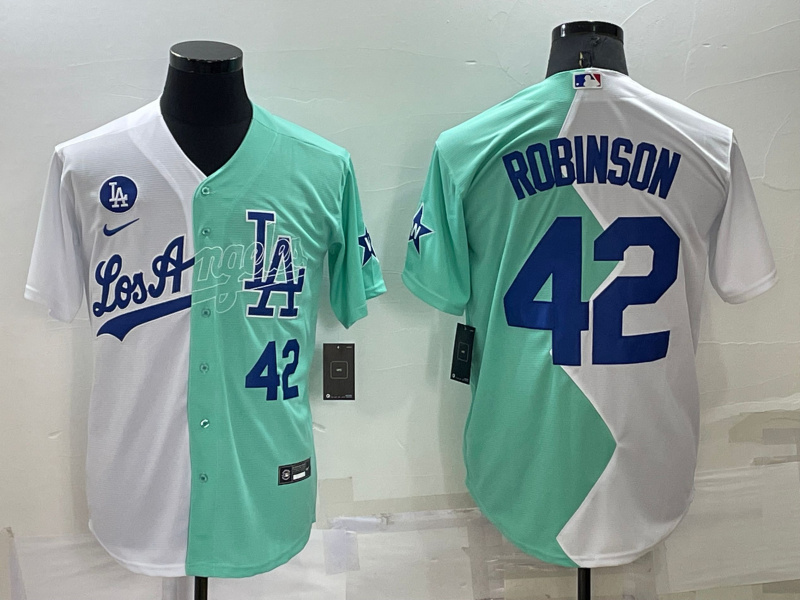 Men's Los Angeles Dodgers #42 Jackie Robinson 2022 All-Star White Green Cool Base Stitched Jersey