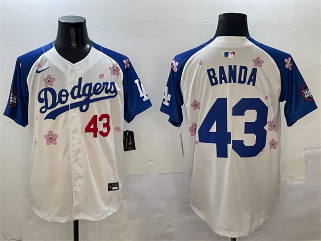 Men's Los Angeles Dodgers #43 Anthony Banda White Royal 2025 Tokyo Series Limited Stitched Baseball Jersey