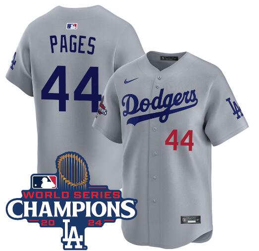 Men's Los Angeles Dodgers #44 Andy Pages Grey 2024 World Series Champions Limited Stitched Baseball Jersey Men's Los Angeles Dodgers #44 Andy Pages Grey 2024 World Series Champions Limited Stitched Baseball Jersey