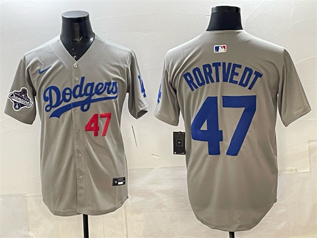 Men's Los Angeles Dodgers #47 Ben Rortvedt Grey 2025 World Series Champions Patch Limited Stitched Baseball Jersey Men's Los Angeles Dodgers #47 Ben Rortvedt Grey 2025 World Series Champions Patch Limited Stitched Baseball Jersey