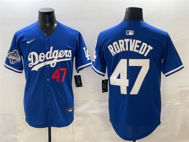 Men's Los Angeles Dodgers #47 Ben Rortvedt Royal 2025 World Series Champions Patch Limited Stitched Baseball Jersey Men's Los Angeles Dodgers #47 Ben Rortvedt Royal 2025 World Series Champions Patch Limited Stitched Baseball Jersey