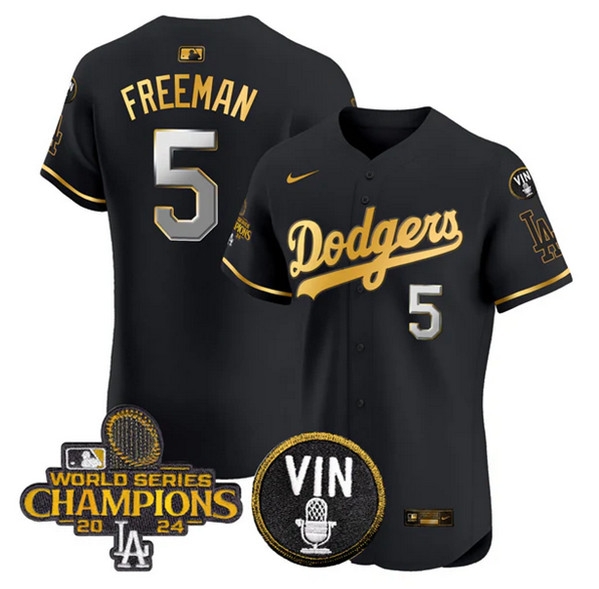 Men's Los Angeles Dodgers #5 Freddie Freeman Black Gold 2024 World Series Champions With Vin Patch Vapor Limited Stitched Baseball Jersey Men's Los Angeles Dodgers #5 Freddie Freeman Black Gold 2024 World Series Champions With Vin Patch Vapor Limited Stitched Baseball Jersey