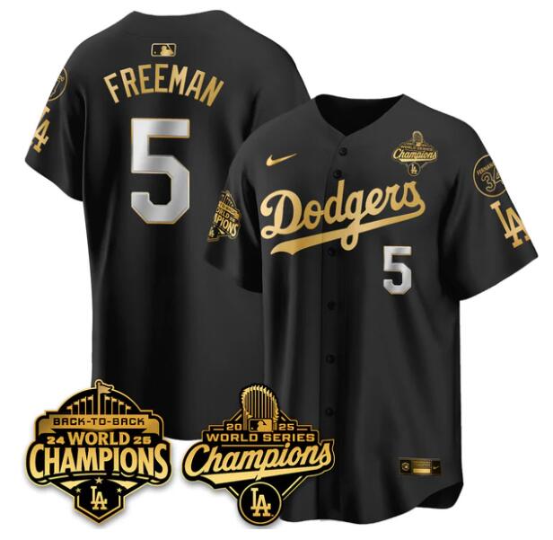 Men's Los Angeles Dodgers #5 Freddie Freeman Black Gold 2025 World Series Champions & Back to Back Champions With No.34 Patch Limited Stitched Baseball Jersey Men's Los Angeles Dodgers #5 Freddie Freeman Black Gold 2025 World Series Champions & Back to Back Champions With No.34 Patch Limited Stitched Baseball Jersey