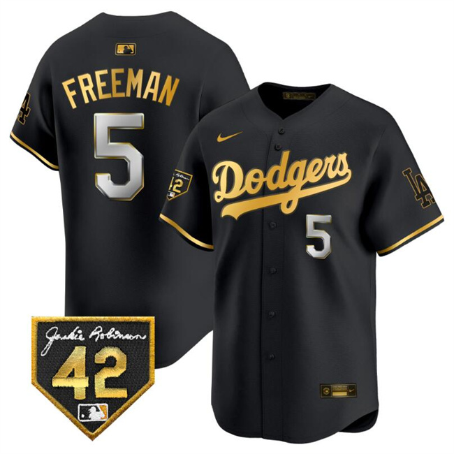 Men's Los Angeles Dodgers #5 Freddie Freeman Black Gold With Jackie Robinson Patch Limited Stitched Baseball Jersey