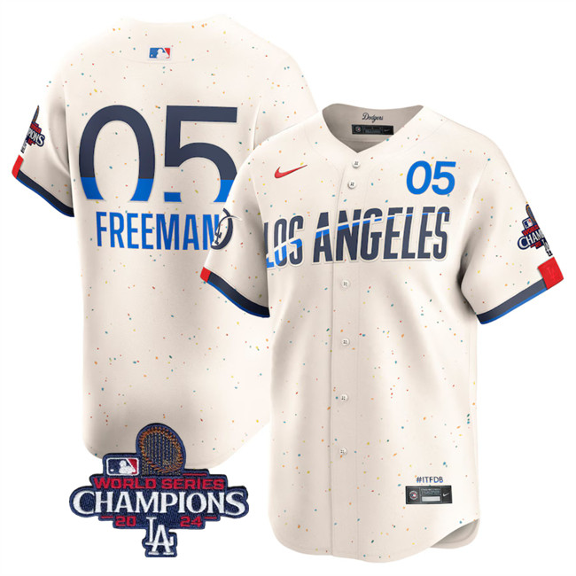 Men's Los Angeles Dodgers #5 Freddie Freeman Cream 2024 World Series Champions City Connect Limited Stitched Baseball Jersey Men's Los Angeles Dodgers #5 Freddie Freeman Cream 2024 World Series Champions City Connect Limited Stitched Baseball Jersey