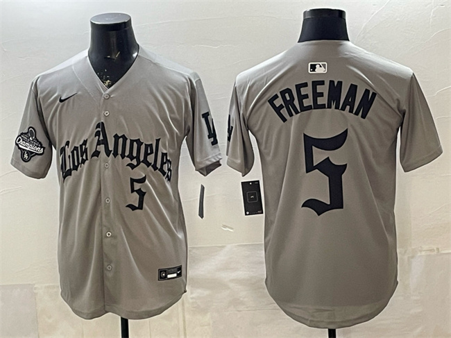 Men's Los Angeles Dodgers #5 Freddie Freeman Grey LA Gothic Style With 2025 World Series Champions Patch Limited Stitched Baseball Jersey Men's Los Angeles Dodgers #5 Freddie Freeman Grey LA Gothic Style With 2025 World Series Champions Patch Limited Stitched Baseball Jersey