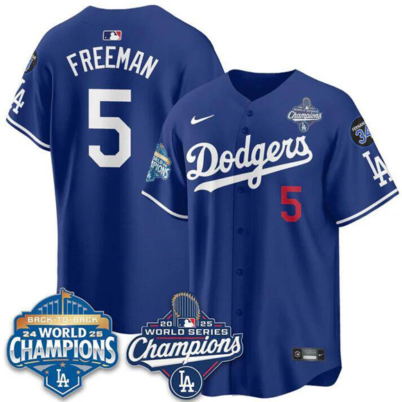 Men's Los Angeles Dodgers #5 Freddie Freeman Royal 2025 World Series Champions & Back to Back Champions With No.34 Patch Limited Stitched Baseball Jersey Men's Los Angeles Dodgers #5 Freddie Freeman Royal 2025 World Series Champions & Back to Back Champions With No.34 Patch Limited Stitched Baseball Jersey