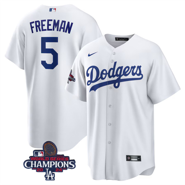 Men's Los Angeles Dodgers #5 Freddie Freeman White 2024 World Series Champions Cool Base Stitched Baseball Jersey Men's Los Angeles Dodgers #5 Freddie Freeman White 2024 World Series Champions Cool Base Stitched Baseball Jersey